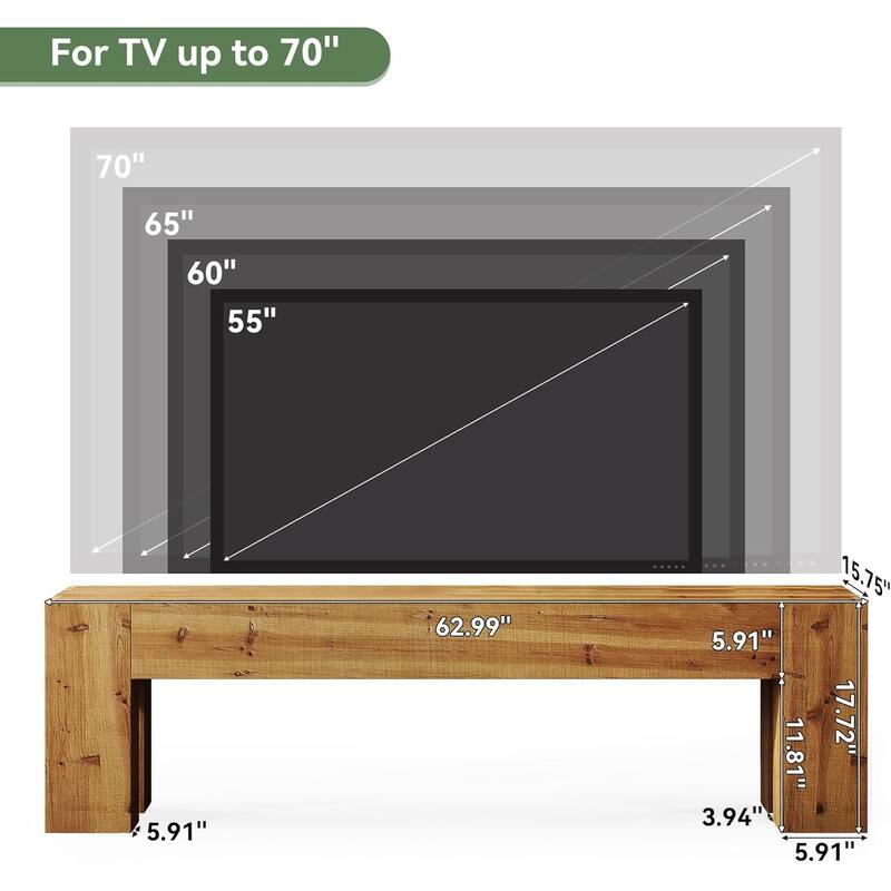 63" Extra Long Solid Wood TV Stand, Heavy Duty Media TV Consoles Table
