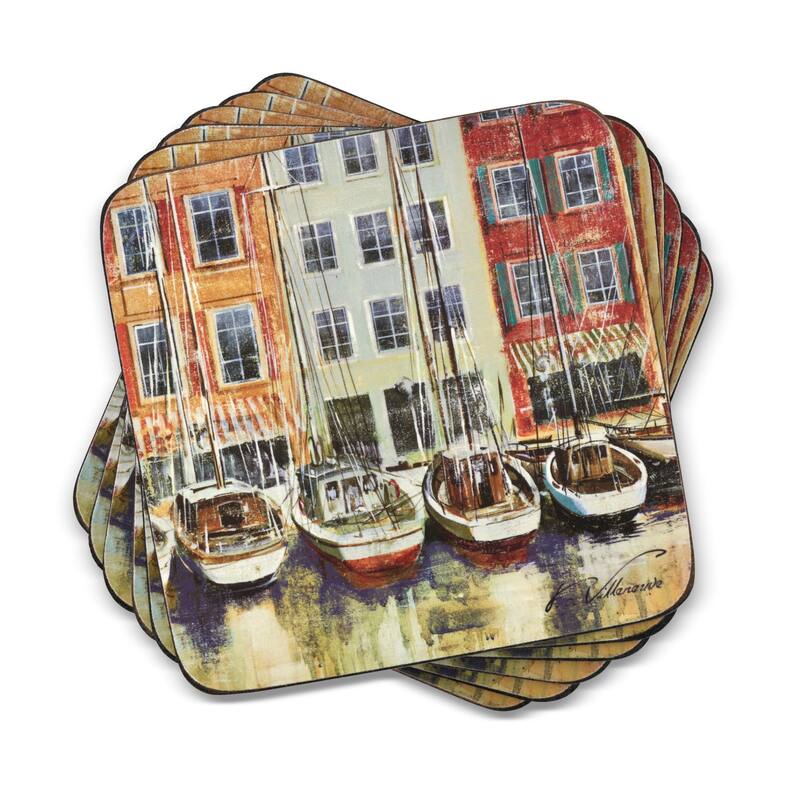 Pimpernel Set of 6 Boat Scene Coasters - 4 Inch - Boat Scene