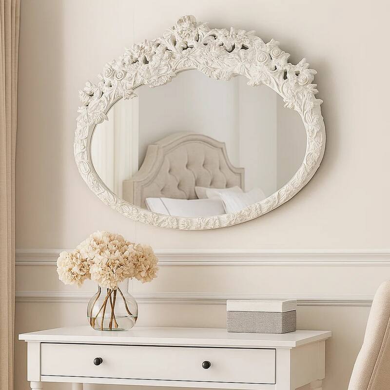 69 Inch Oval Wall Mirror, Ornate Floral Carved Wood Frame, White