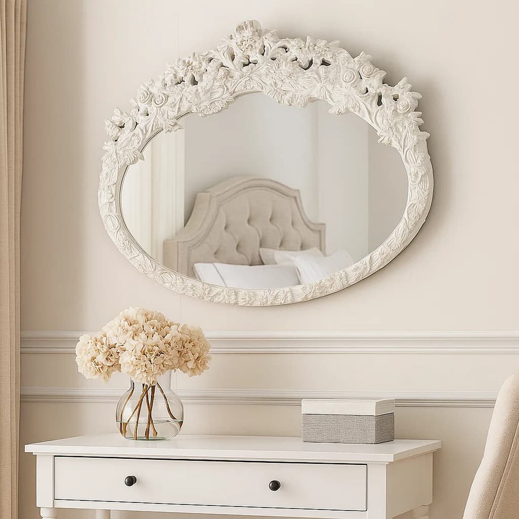 69 Inch Oval Wall Mirror, Ornate Floral Carved Wood Frame, White