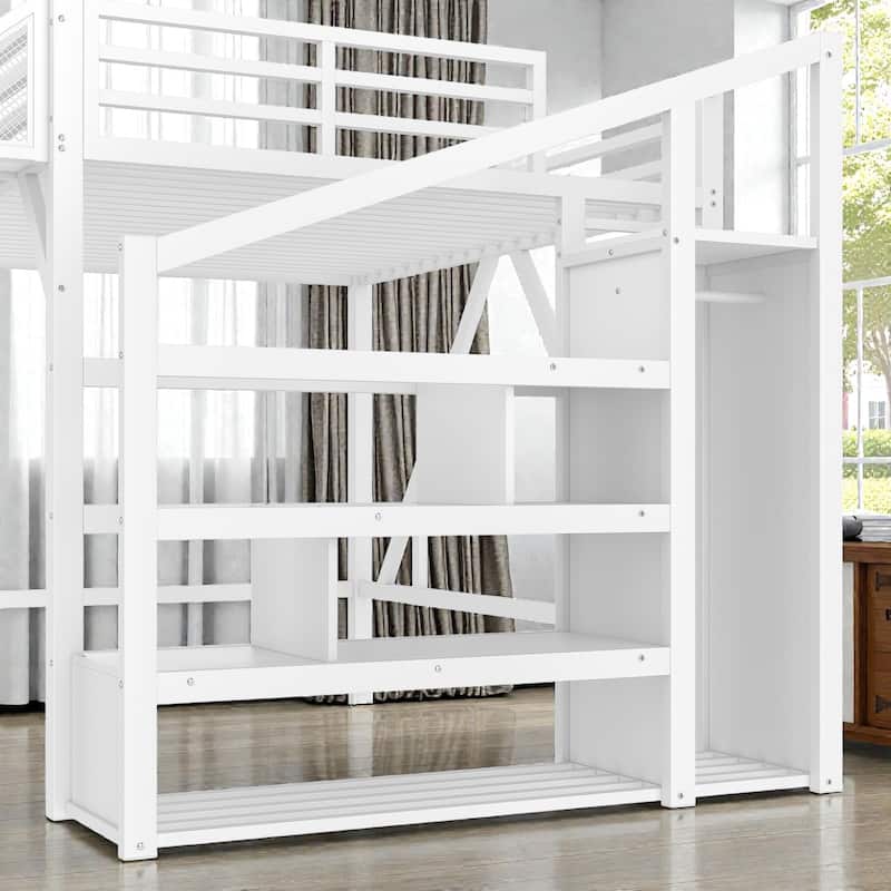 Metal Loft Bed with Storage Stairs, Wardrobe and Shelves, USB Ports and LED Lights, Noise Reduced Frame