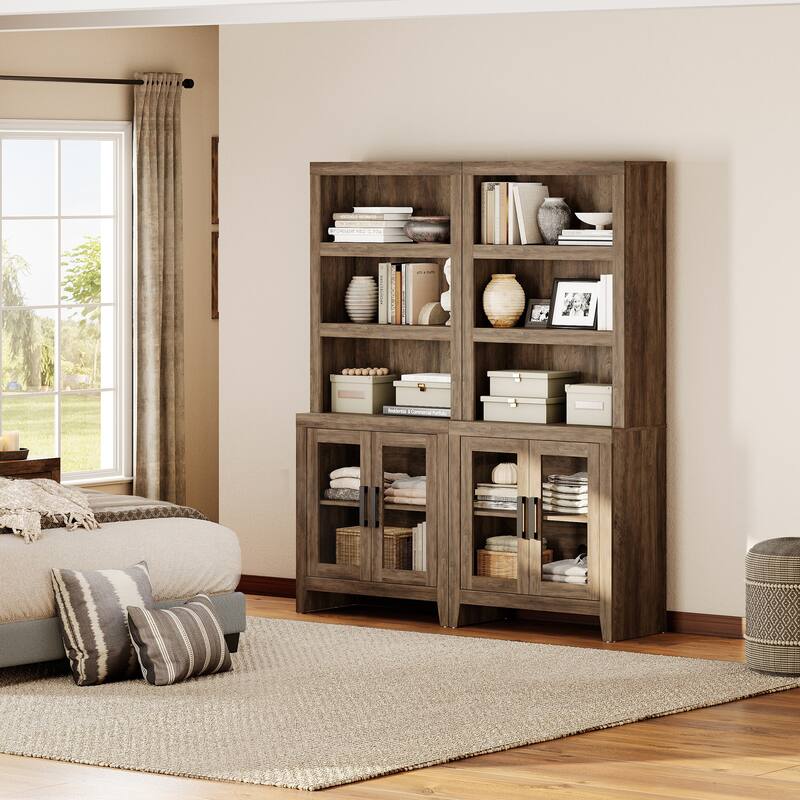 WAMPAT 3 Tier Bookshelf with Glass Door, 74" Tall Bookcase with Adjustable Shelf and Storage Cabinet, Farmhouse Wooden Bookshelf