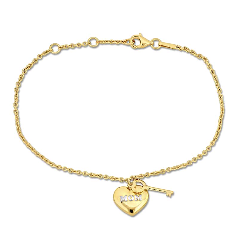Miadora White "Mom" Heart & Key Charm Bracelet in 18k Yellow Sterling Silver