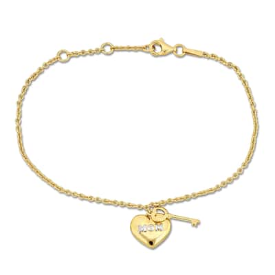 Miadora White "Mom" Heart & Key Charm Bracelet in 18k Yellow Sterling Silver