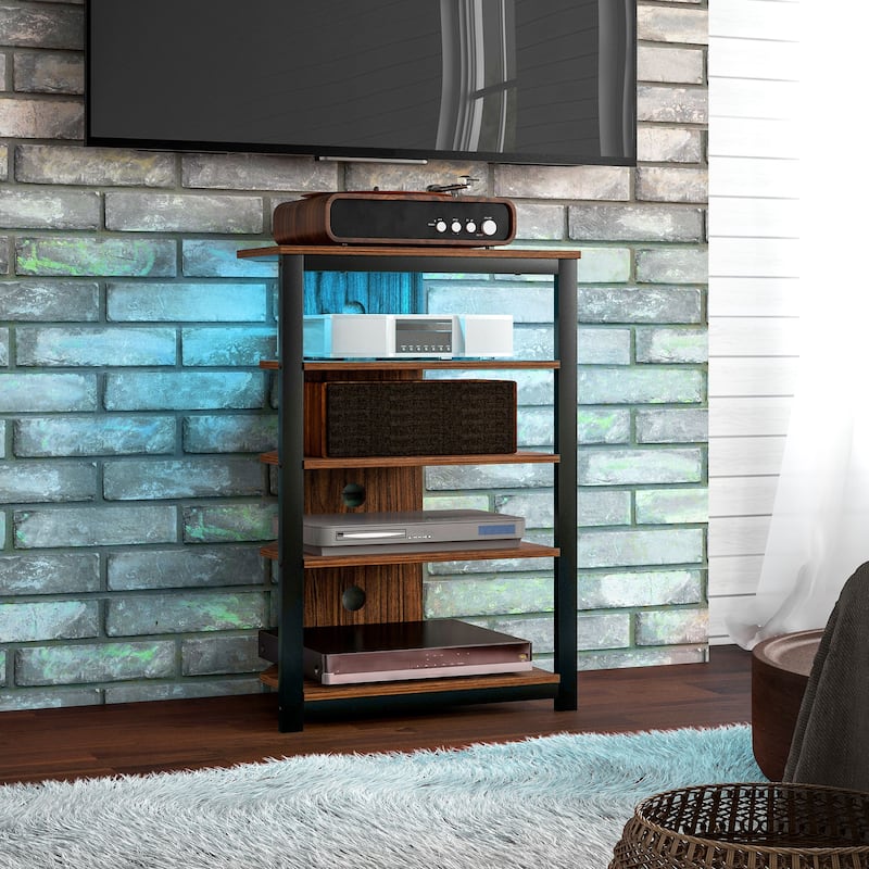 Corner TV Stand with 4 Shelves RGB LED Lighting Steel Frame and Cable Management for Living Room Storage - Brown
