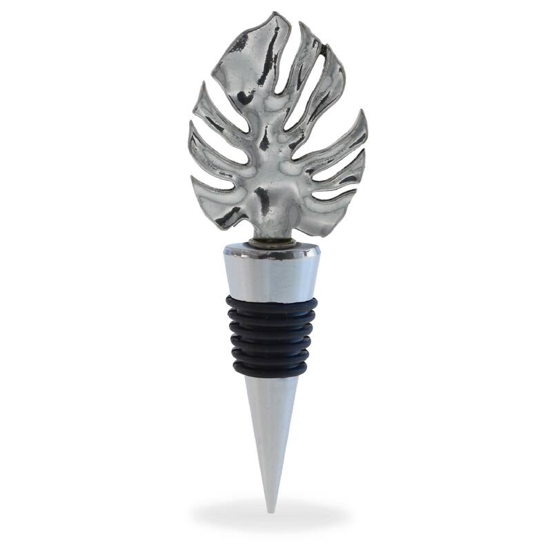 Cheers Silver Tropical Leaf Metal Wine Stopper - Vacuum Seal Reusable - 5 inches