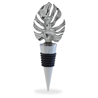 Cheers Silver Tropical Leaf Metal Wine Stopper - Vacuum Seal Reusable - 5 inches