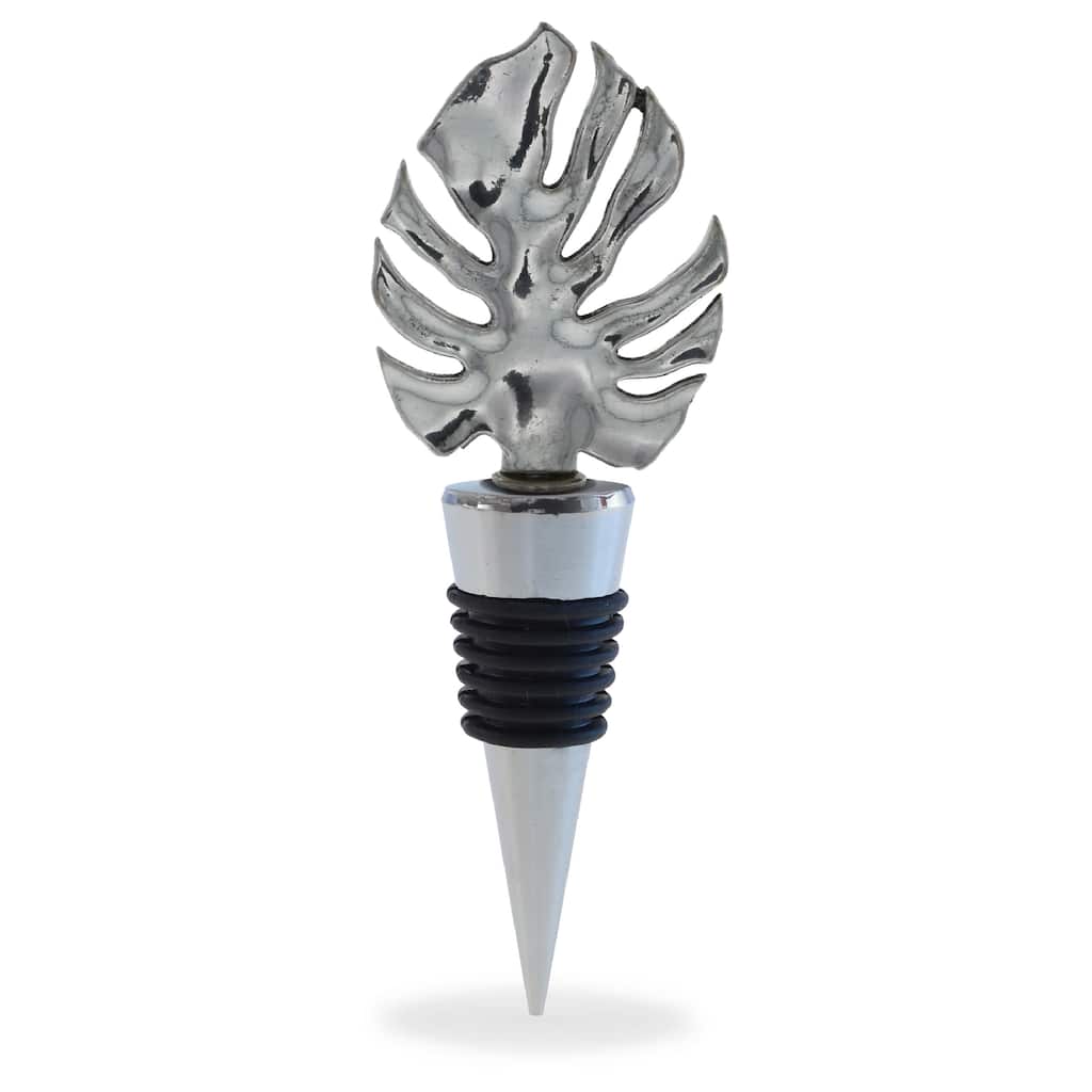 Cheers Silver Tropical Leaf Metal Wine Stopper - Vacuum Seal Reusable - 5 inches