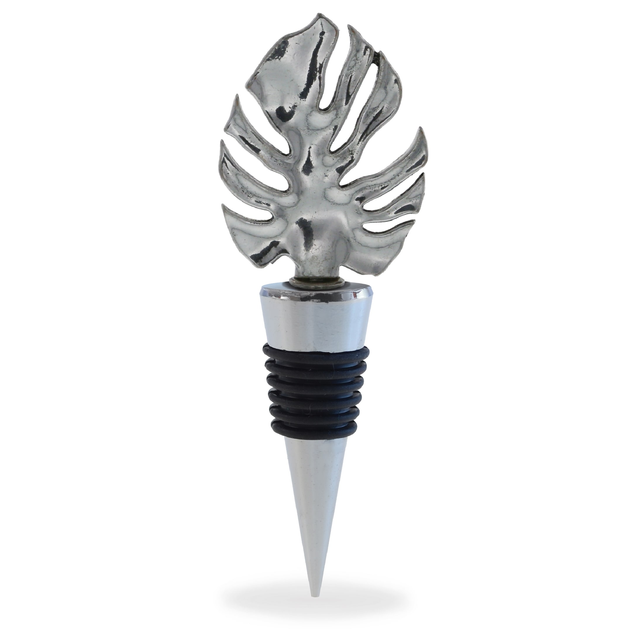Cheers Silver Tropical Leaf Metal Wine Stopper - Vacuum Seal Reusable - 5 inches