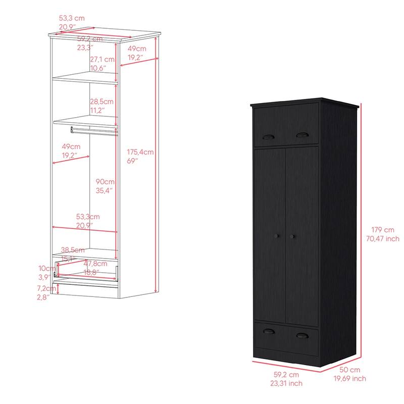 19.69" Modern Double-door Armoire with Top-hinged Drawer and Generously-sized Lower Drawer