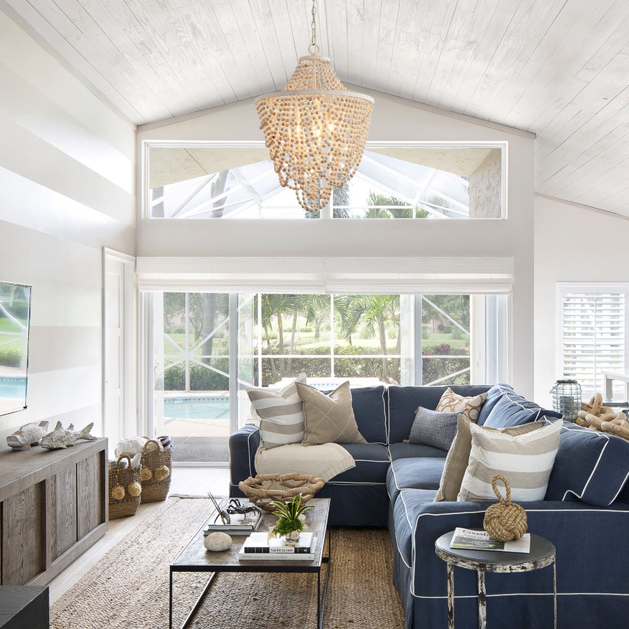 3-Light Country White Wood Beaded Foyer Chandelier Hanging Pendant -  Overstock - 39489667, image size:2000x2000