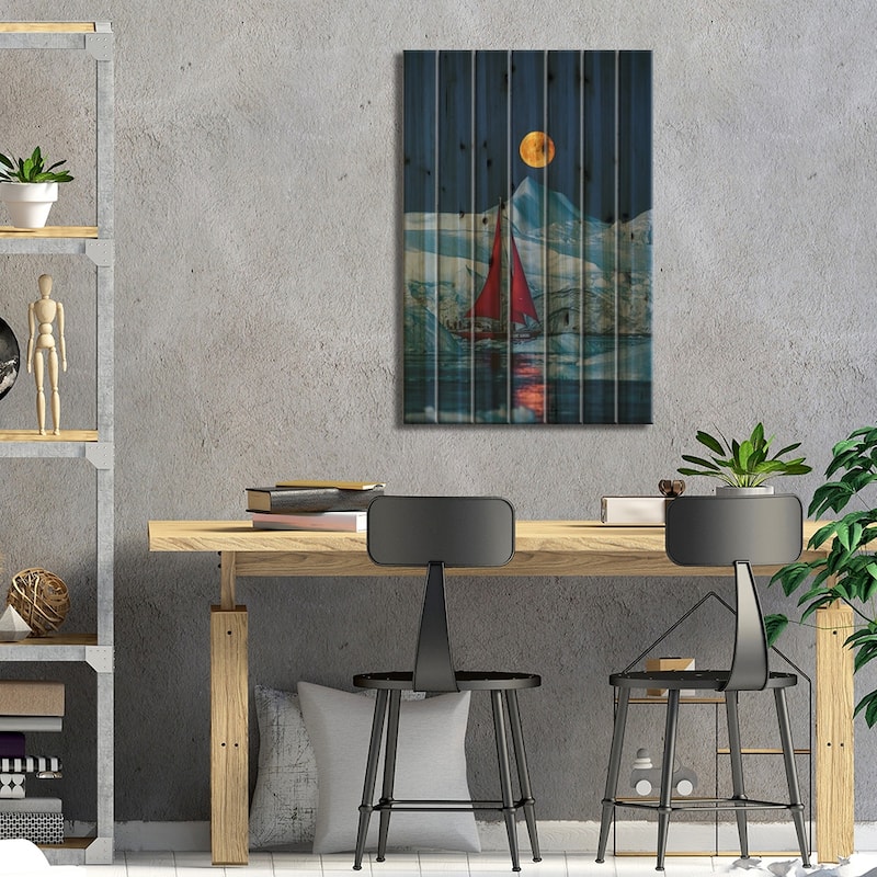 Greenland Arctic Ice Berg Red Sail Boat Full Moon Print On Wood by Alex G Perez - Multi-Color