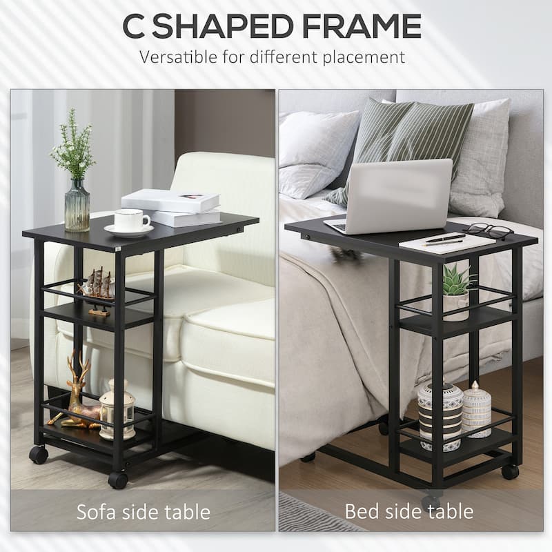 HOMCOM C Shaped End Table with Storage Shelves, Mobile Side Table with Wheels