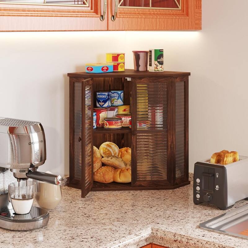 Extra-large locust wood square bread box 16.5-inch wooden bread box with glass wave door, farmhouse style design.