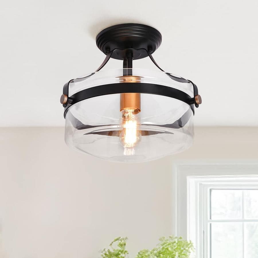1-Light Round Glass Semi Flush Ceiling Light - 11" Black Farmhouse