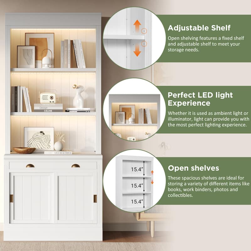 83.4" Tall Bookshelf with 3-layer LED Lightings, Modern Bookcase with Sliding Doors and Open Shelves,Storage Bookshelf