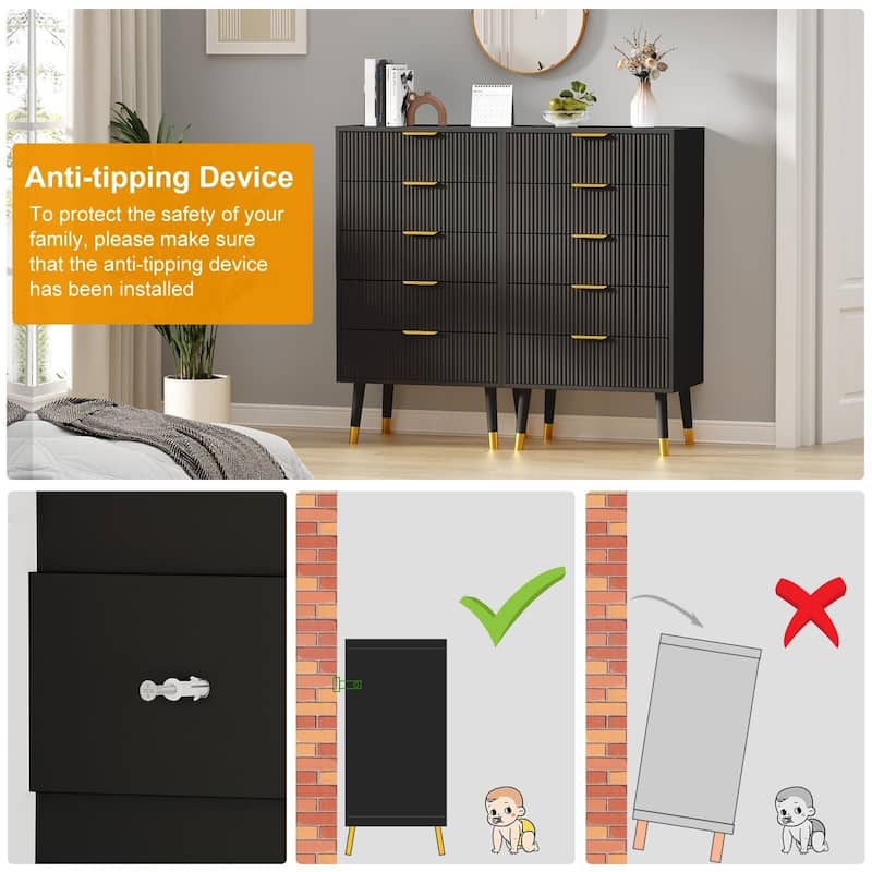 Fluted 5 Drawer Dresser, with Gold Metal Handles