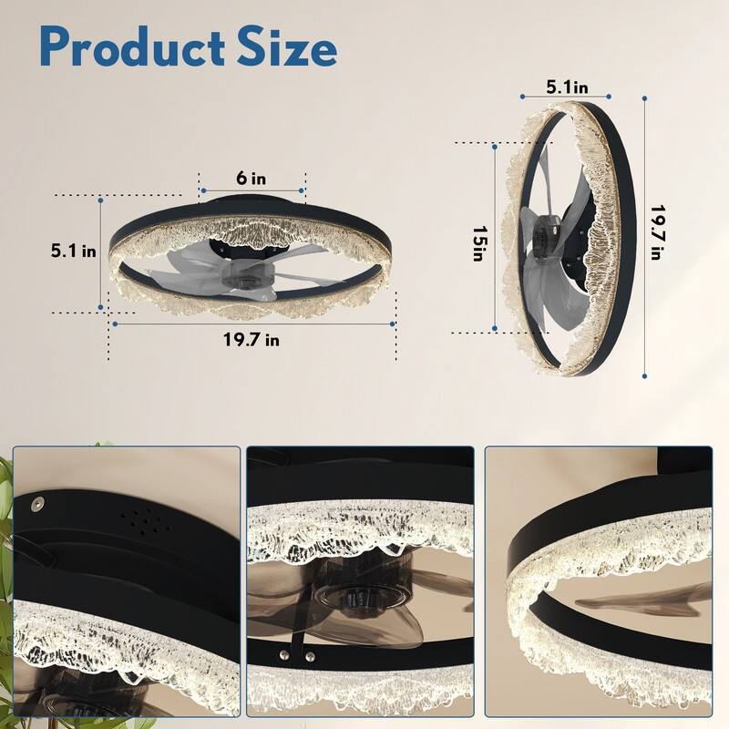 Crystal Flush Mount Ceiling Fan With Light And Remote, Black Ceiling Fan For Bedroom, Living Room