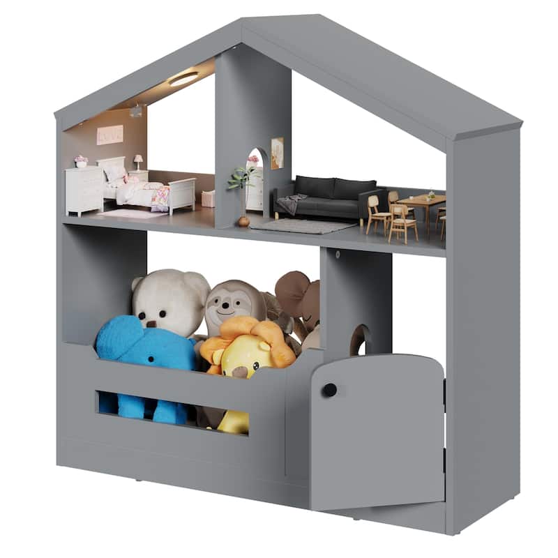 2-Tier Kids Bookshelf with Motion Sensor Light - Wooden Book Shelf, Toy Storage Organizer - Grey