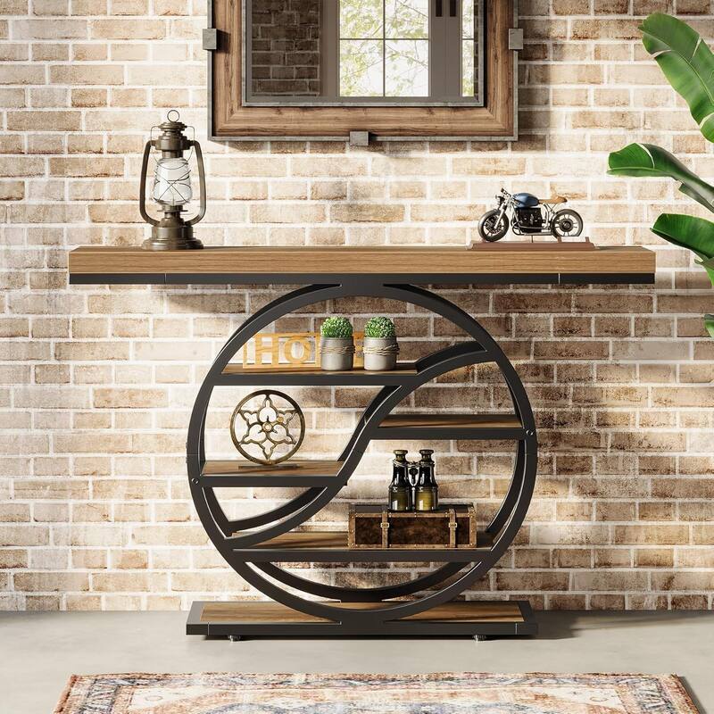 6 Tiers Industrial Entryway Table, 47 Inches Console Table with Metal Frame