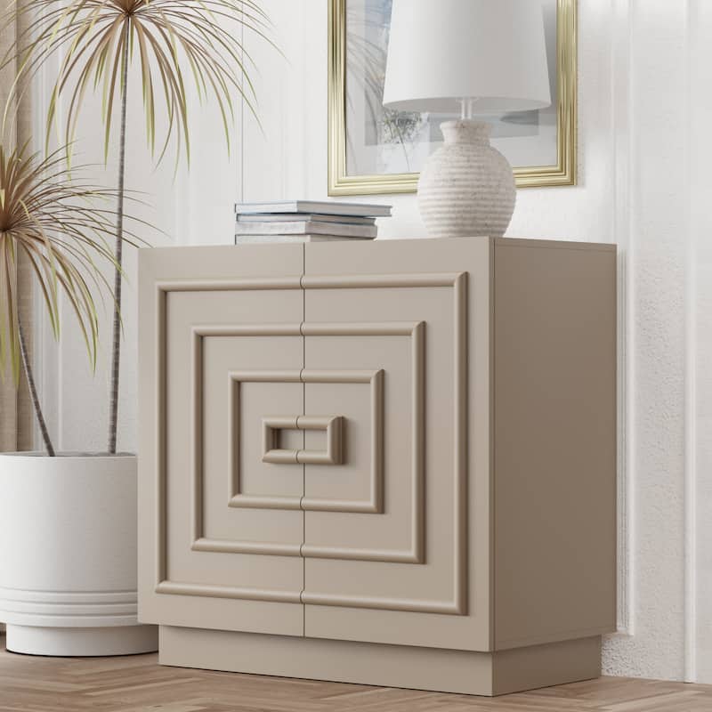 COZAYH Sculptural Modern 2-Door Storage Cabinet, Geometric Rustic Cabinet with Square Pattern, Contemporary Accent Cabinet - Taupe