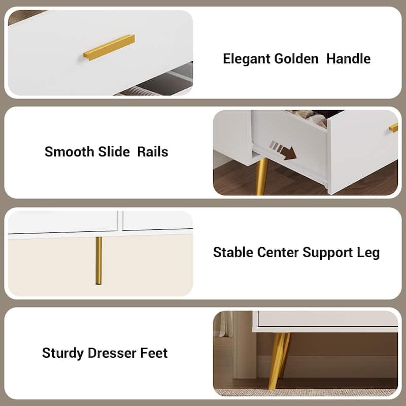 Modern 6 Drawer Dresser in White and Black, Featuring Gold Handles, Wide Wooden Drawers for Bedroom