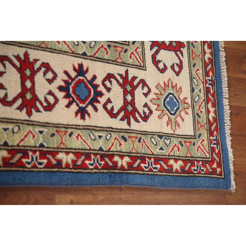 Blue Geometric Kazak Area Rug Handmade Oriental Wool Carpet - 6'8" x 9'9"
