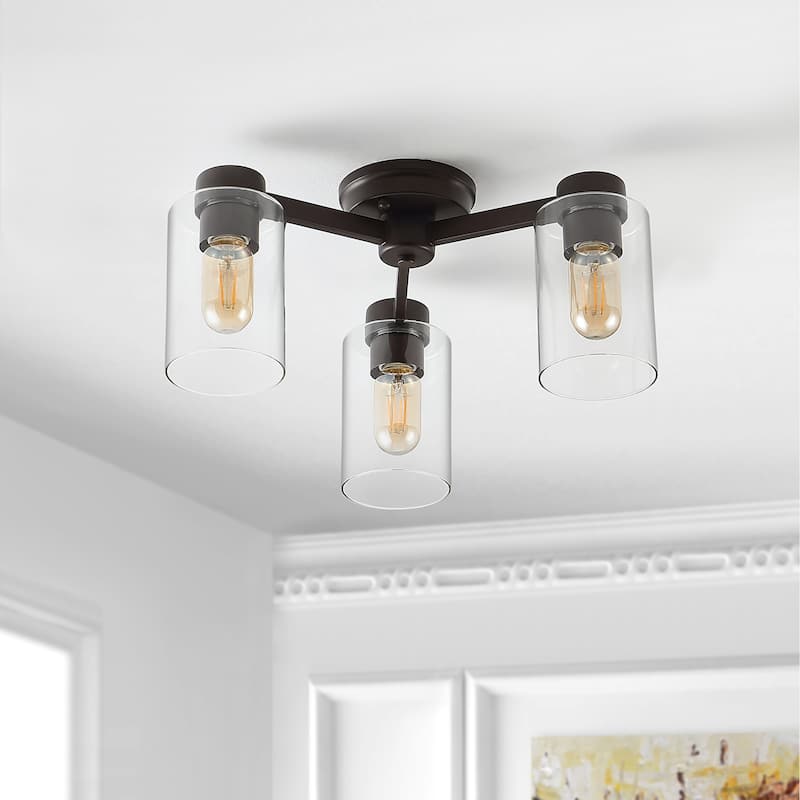 Orville 17" 3-Light Farmhouse Industrial Iron Cylinder LED Semi Flush Mount, Oil Rubbed Bronze/Clear by JONATHAN Y