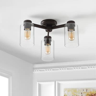 Orville 17" 3-Light Farmhouse Industrial Iron Cylinder LED Semi Flush Mount, Oil Rubbed Bronze/Clear by JONATHAN Y