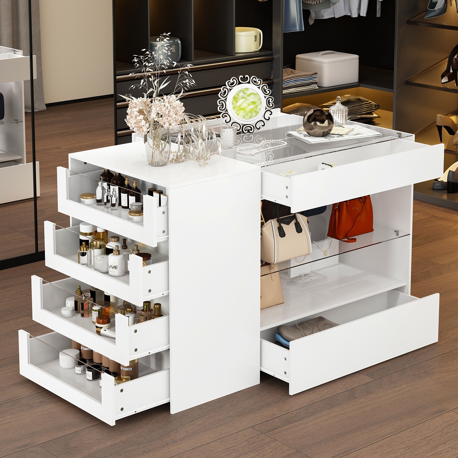 Dressing Island with Glass Shelves Spacious White Organizer Closet