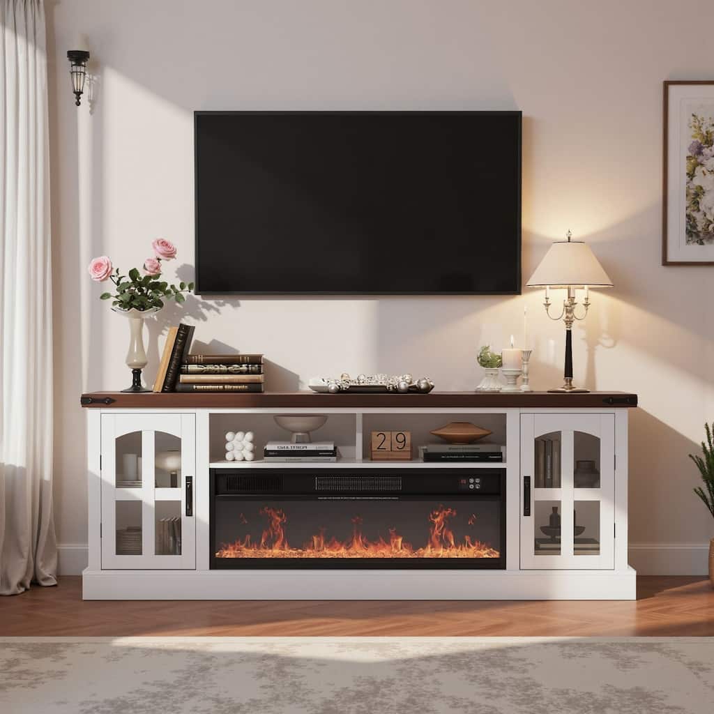 Meyreso 70.8" Vintage Fireplace TV Stand with 36" Electric Insert, Arched Glass Doors & LED Lighting