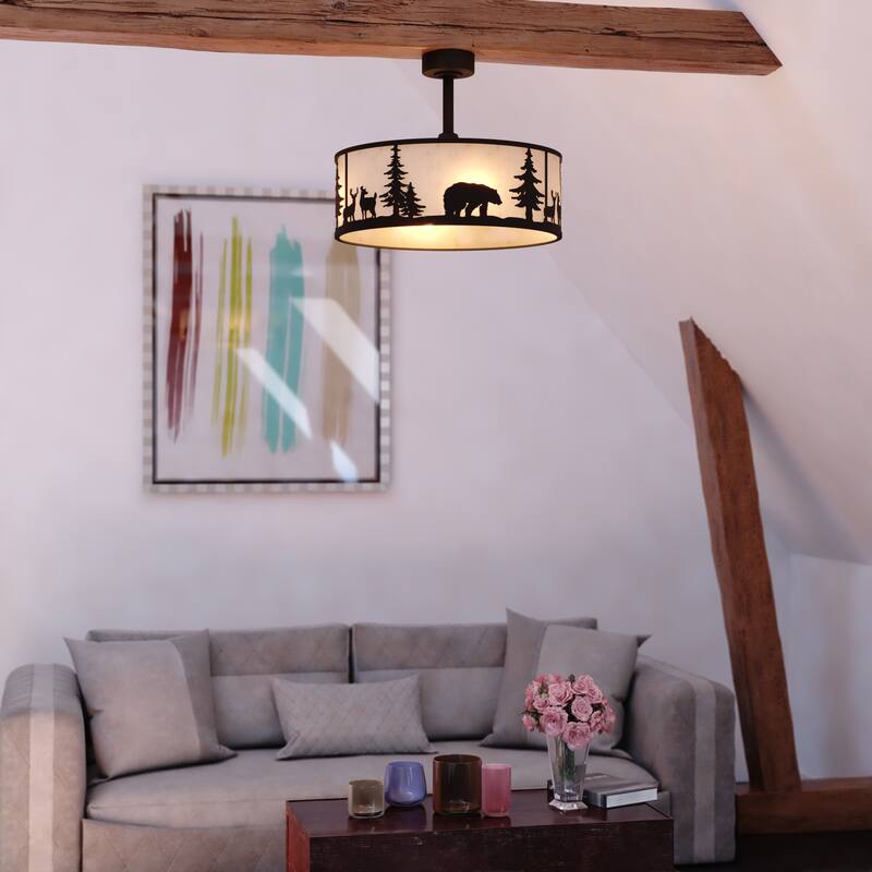 Acadia 20 in. Bronze Rustic Fandelier Ceiling Fan with Black Blades, LED Light Kit and Remote, Wildlife White Linen Drum Shade