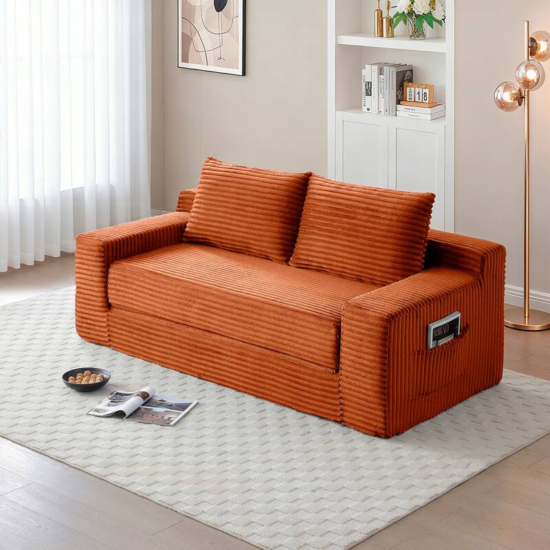 Orange Floor Sofa Couch Convertible Sofa Bed with Storage Pockets, Boneless Pull-Out Sofa Bed for Living Room - Orange