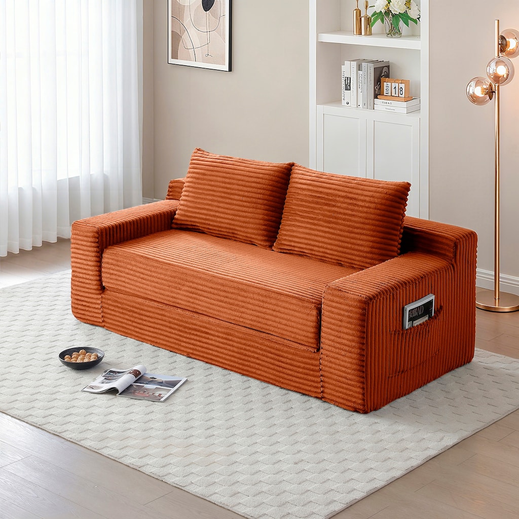Orange Floor Sofa Couch Convertible Sofa Bed with Storage Pockets, Boneless Pull-Out Sofa Bed for Living Room