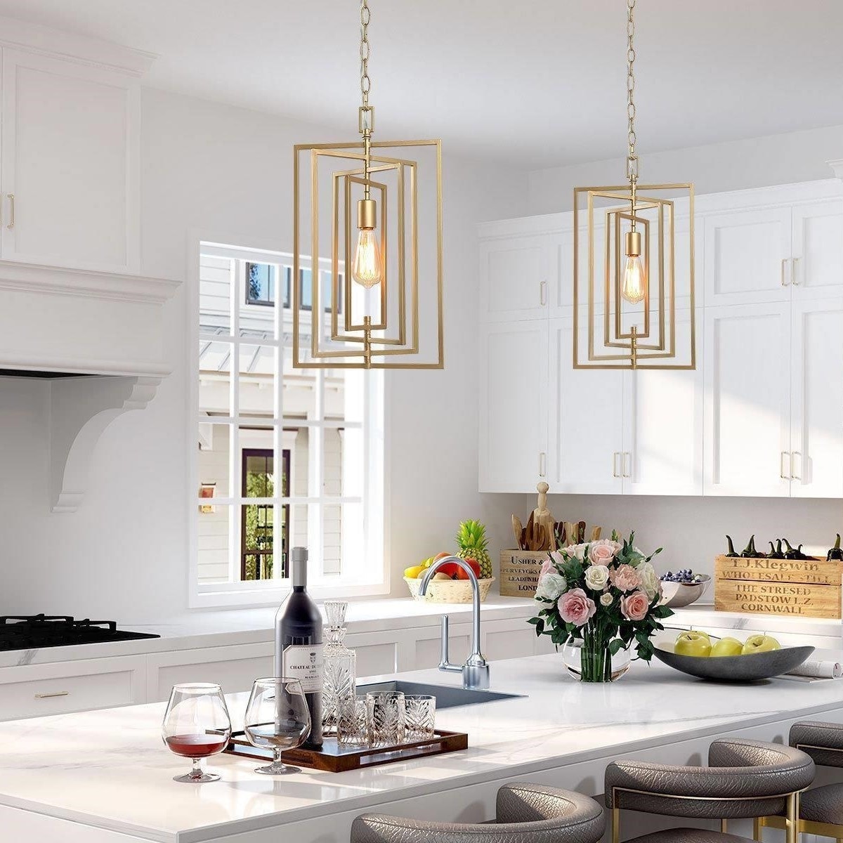 Modern Farmhouse Metal Kitchen Island Pendant 12 inch Gold Black Adjustable Lantern Light