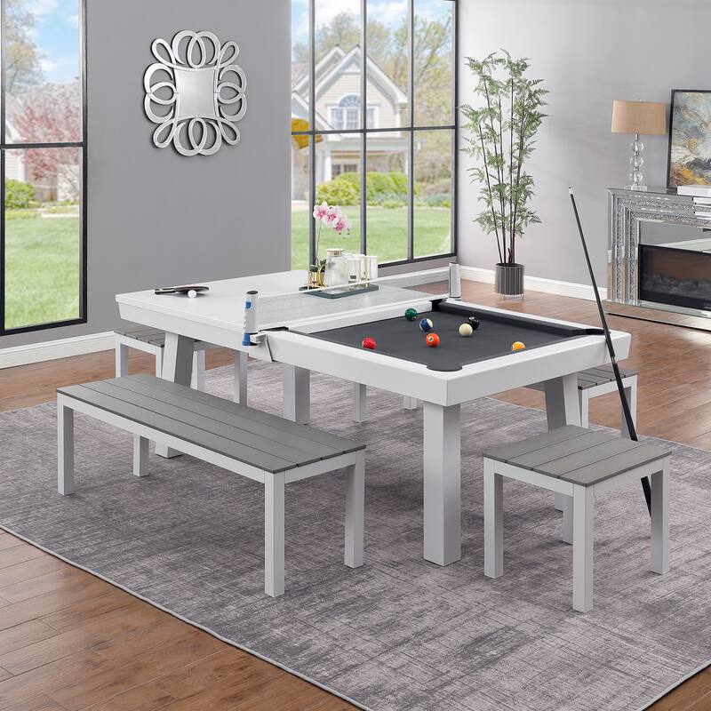 Newport Outdoor Patio 7ft Slate Pool Table 6-Seater Dining Set with 4 Benches & Accessories, White Finish - Charcoal Grey