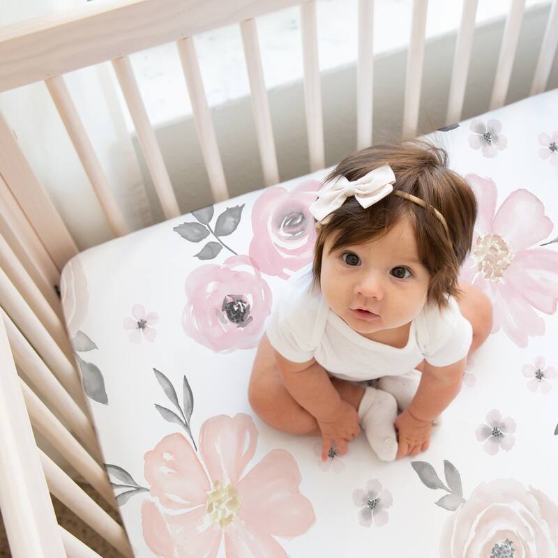 Watercolor Floral Collection Baby Girl 2 Pack Fitted Crib Sheets Blush Pink Grey White Shabby Chic Gray Rose Watercolor Flower