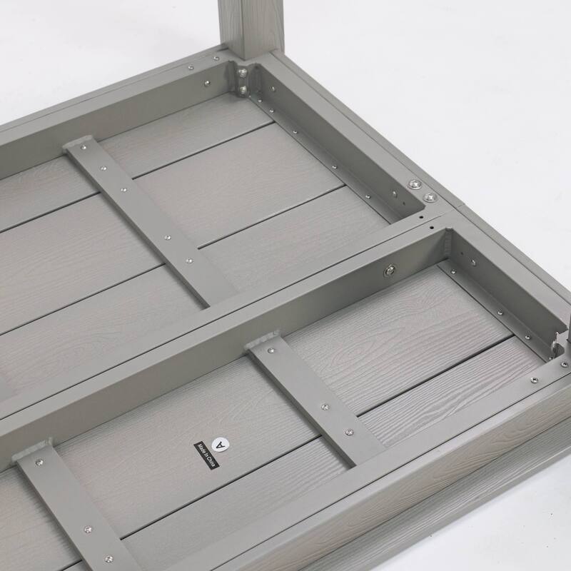 Wood Look Dining Table with Umbrella Hole Stainless Steel Legs Outdoor Picnic