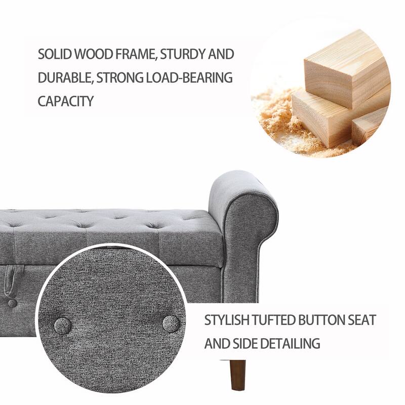 Modern Fabric Upholstered Storage Bench with Tufted Button and Rolled Arm