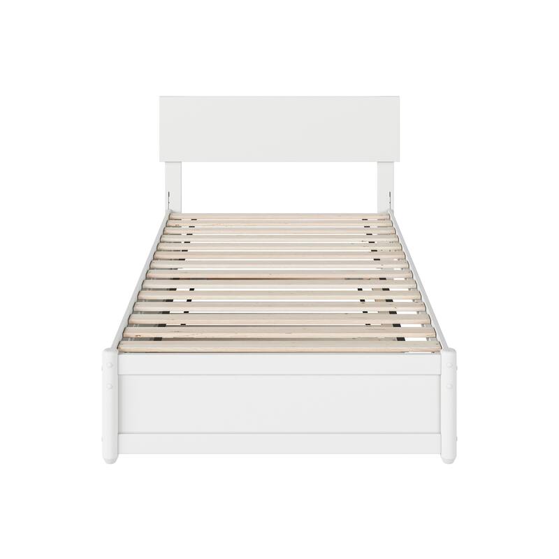 Twin Bed with Trundle & Panel Footboard - White Platform Bed Frame, Adjustable Headboard