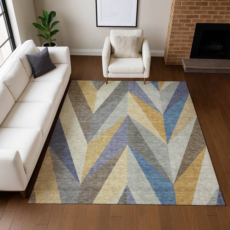 Machine Washable Indoor/ Outdoor Modern Chevron Chantille Rug