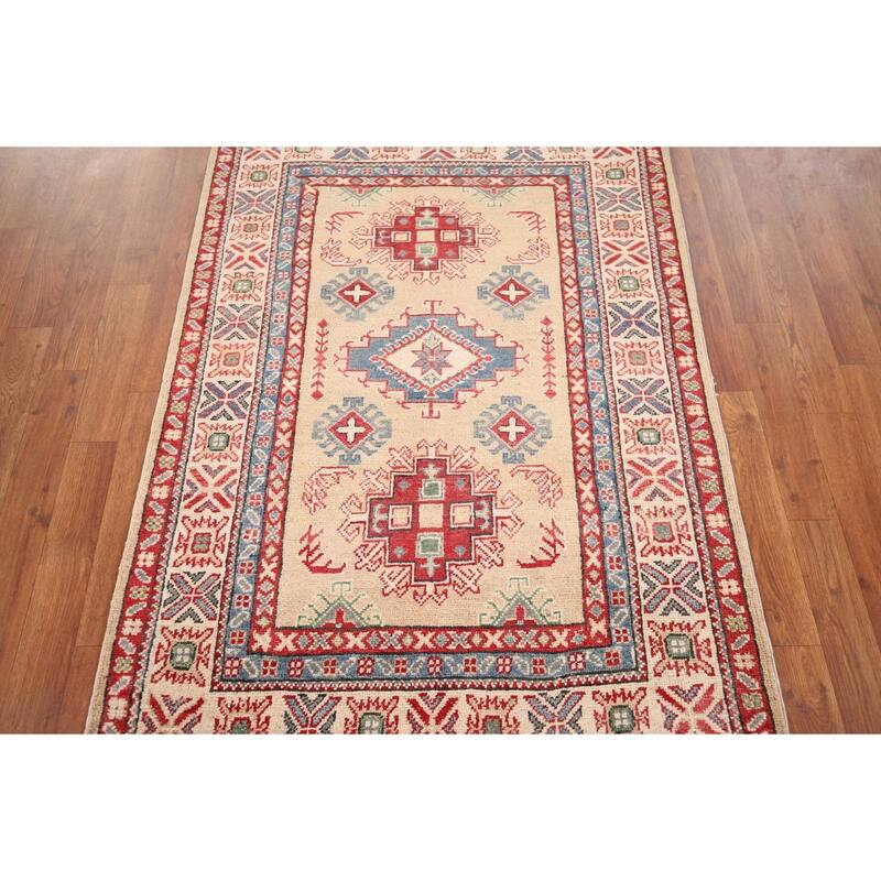 Oriental Kazak Foyer Rug Hand-Knotted Traditional Beige Wool Carpet - 3'4" x 4'7"