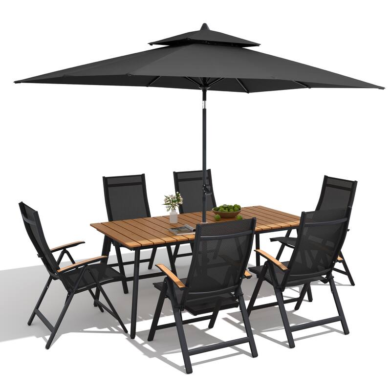 9/11-Piece Outdoor Aluminum Patio Dining Set w/10 ft Umbrella and Base, Rectangle Table and Folding Chairs