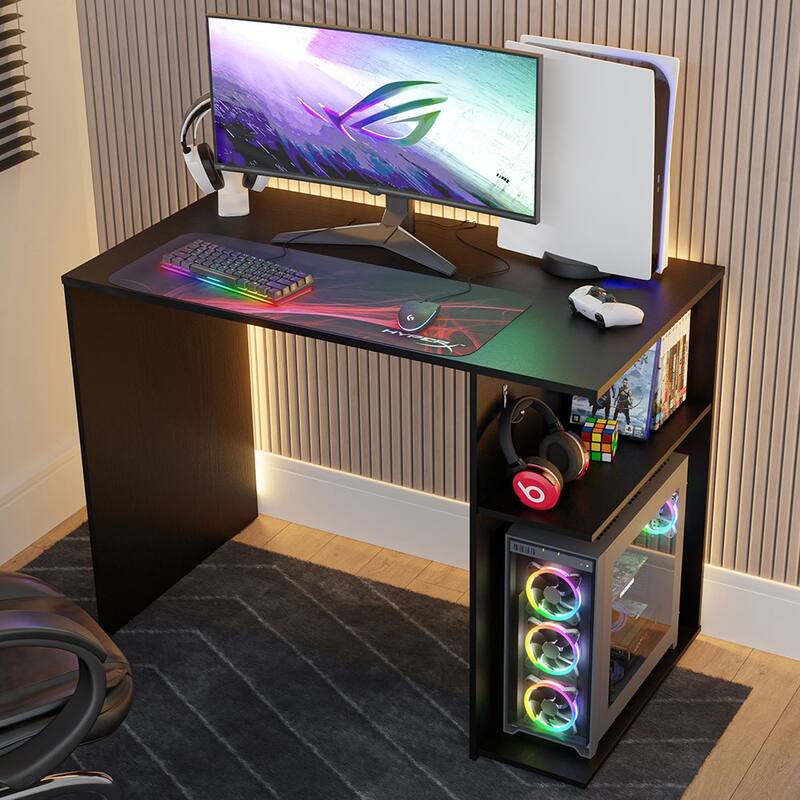 Madesa Gaming Computer Desk with 2 Shelves, Cable Management and Large Monitor Stand, Wood, 21" D x 39" W x 30" H - White