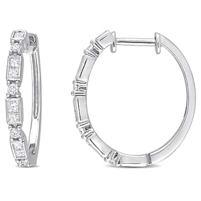 Miadora 1/2ct TDW Princess and Round-cut Diamond Hoop Earrings in 14k White Gold