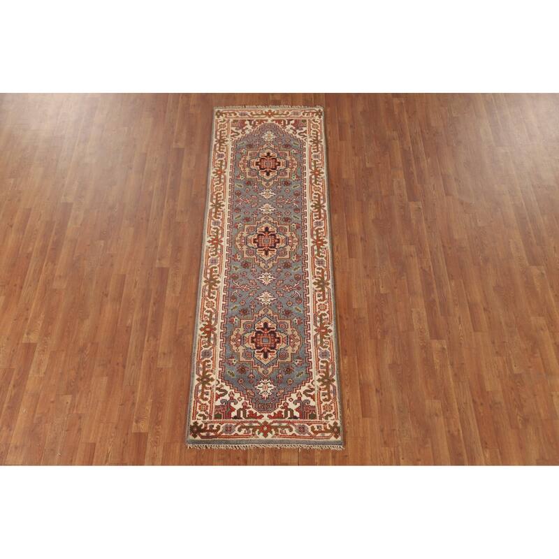 Gray Geometric Heriz Serapi Oriental Runner Rug Wool Carpet - 2'7" x 8'1"
