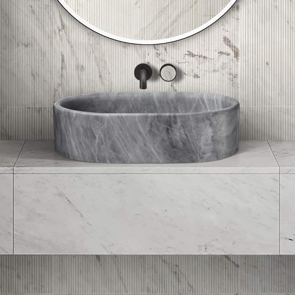 Roomfitters Marble Bathroom Vessel Sink, Natural Stone Countertop Wash Basin, Polished Oval Vanity Sink