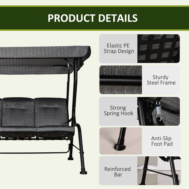 Outsunny Outdoor Patio Porch Swing Bench with Included Adjustable Shade Awning & Comfort Padded Seating for Three People