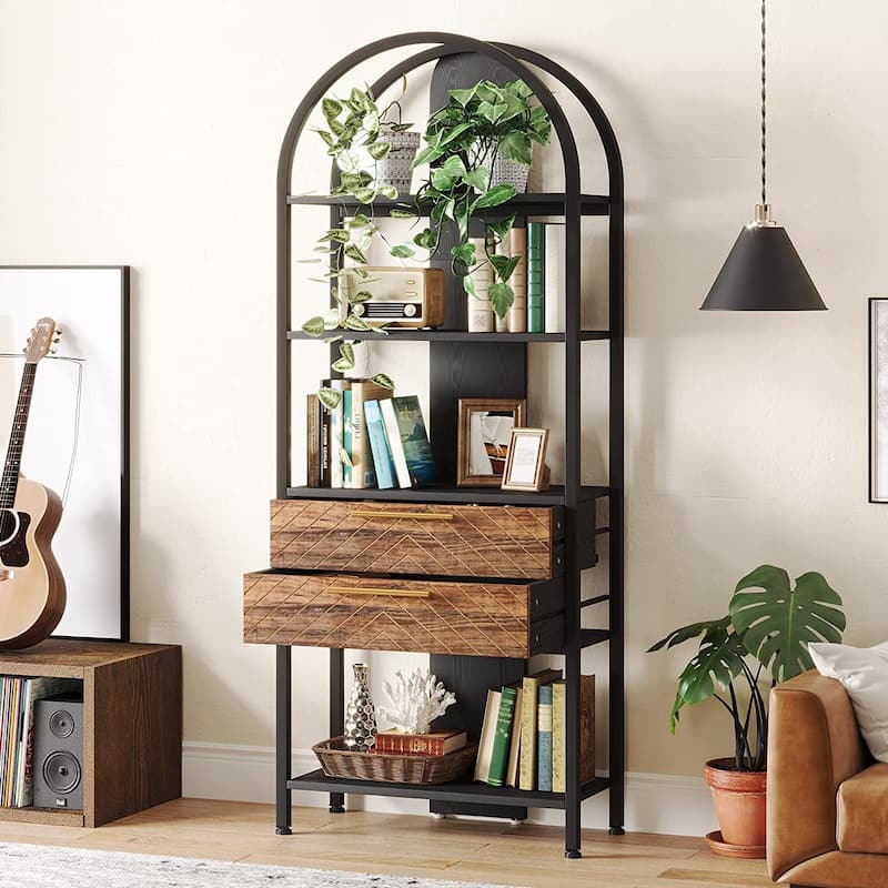 Bookshelf with LED Light and Drawers, 70.8" Tall Bookcase