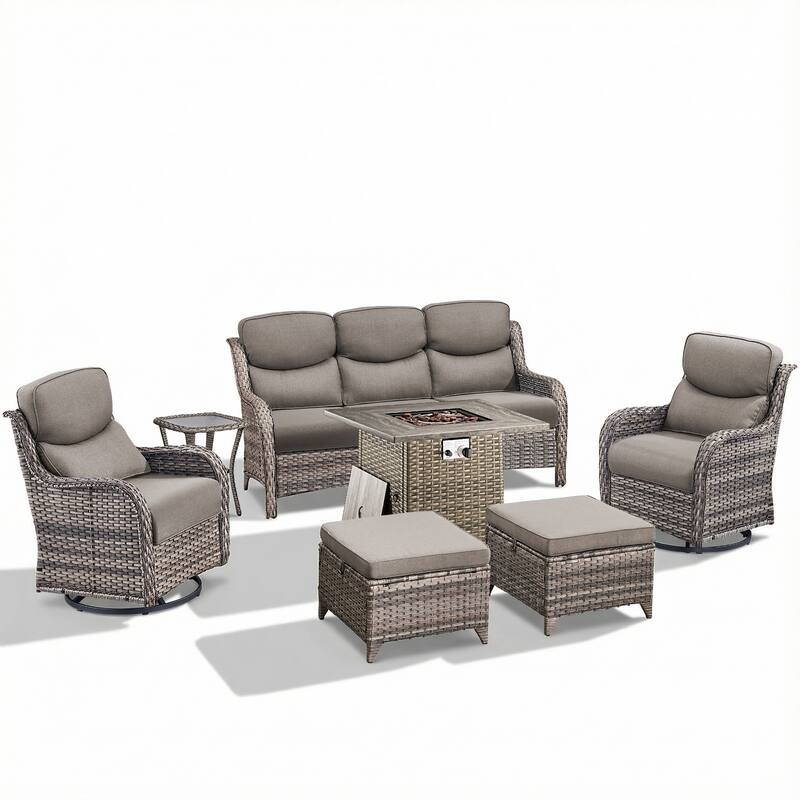 Pocassy Outdoor Propane Fire Pit Table with Sofa Swivel Chair Funiture Set.